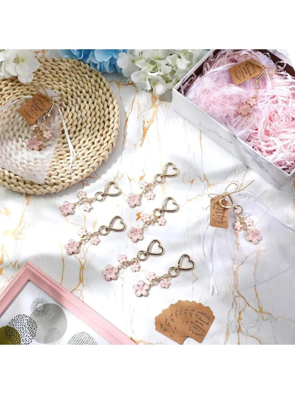 24 Pink Flower Keychains Set - Cherry Blossom Party Favors & Purse Charms